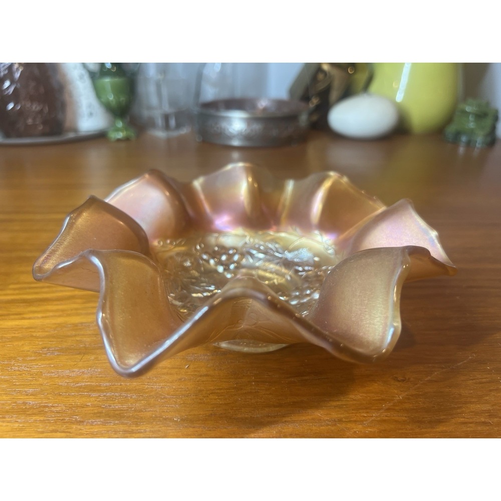 Vintage Marigold Carnival Glass Iridescent Grape & Leaf Ruffled Bowl 7in
